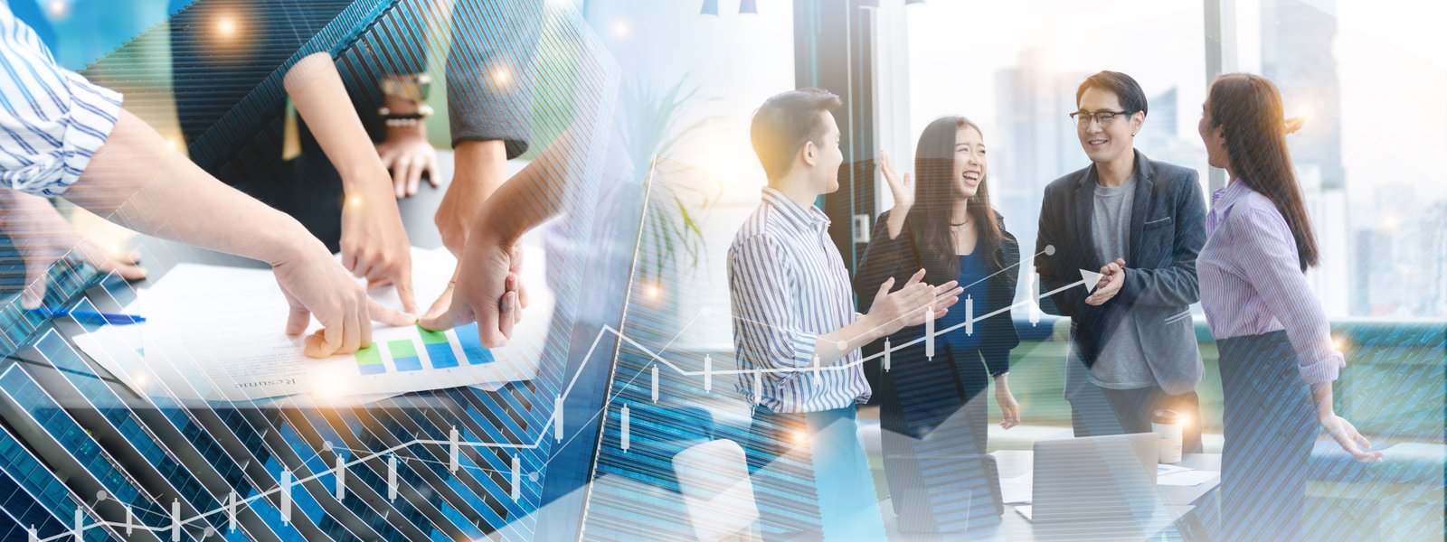 A business team analyzing growth chart graphics on documents in an office, overlayed with glowing digital financial analytics trends
