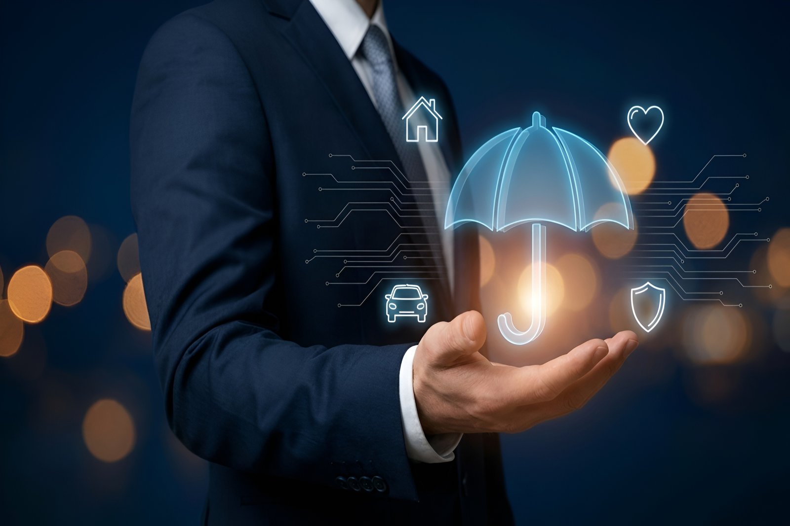 A businessman in a suit holding an open hand out with a glowing digital umbrella icon surrounded by home, auto, heart, and shield symbols